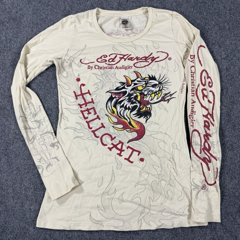 Ed Hardy Shirt Womens Medium Long Sleeve Hellcat Double Sided Y2K